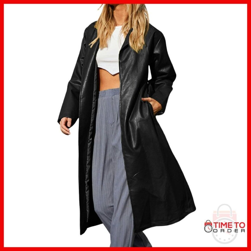 Women's PU Leather Trench Coat Button Down Lapel Long Sleeve Slim Fit